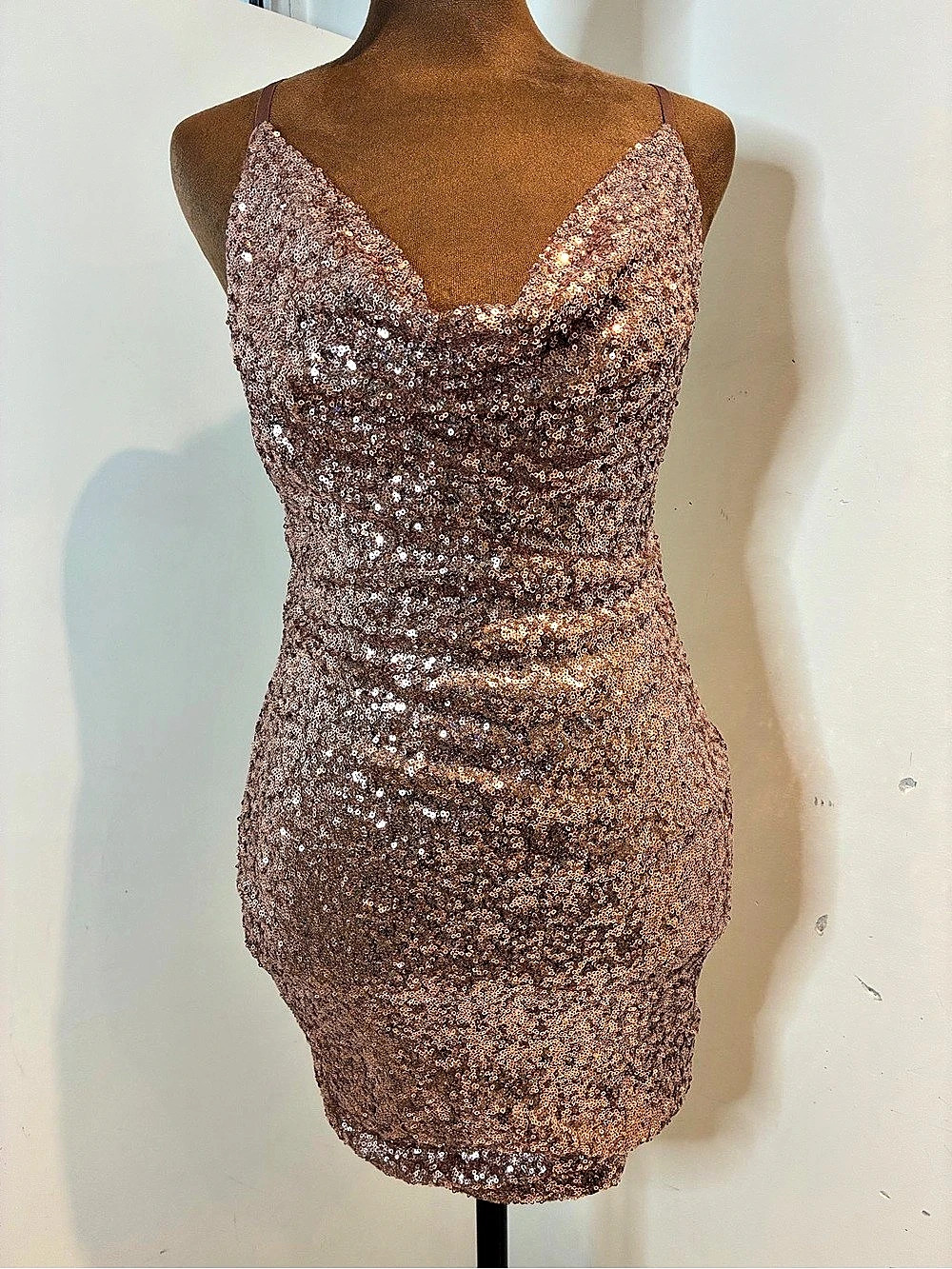 Sequin Cowl Neck Mini Dress in Brown Medium